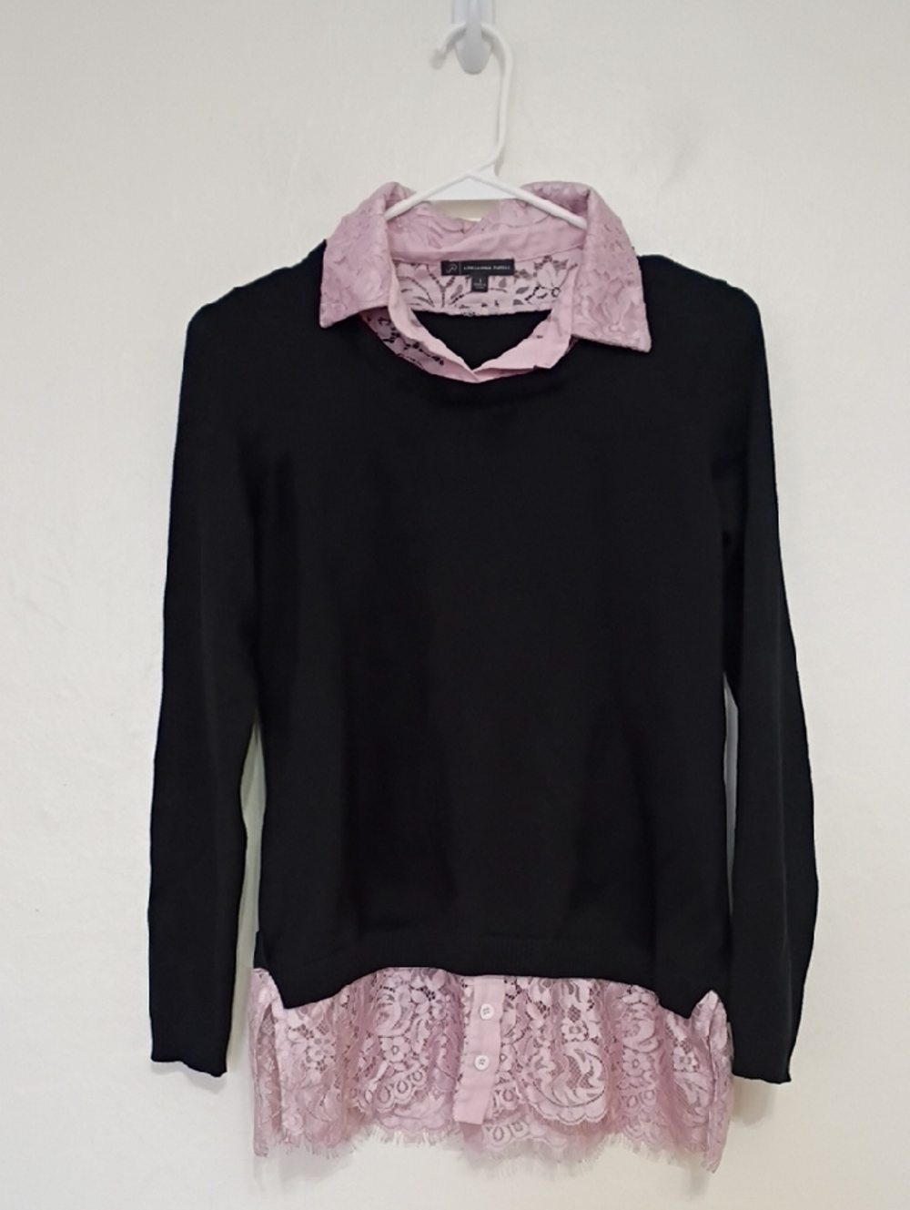 Adriana Papell Black & Pink Eyelash Lace Twofer Crew Neck Sweater Size S